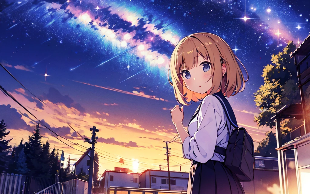 outrageous solution、High resolution、(masterpiece:1.4)、super detailed、floating、Super detailed night sky、performer、milky way、shooting star、Meteor、Meteor群, night, starry sky, Milky Way, beautiful anime scene, starry sky, night, near sky, 独奏, outdoor, cloud, hair length, city, silhouette, (highest quality、masterpiece)、1 girl、Super high resolution、独奏、japanese woman。Rear view、high school girl、Photorealism、light brown straight hair、thin hair、fashionable girl。wearing a white shirt。ray tracing light 