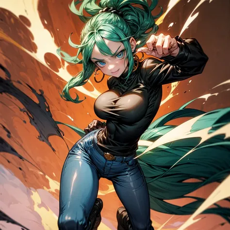 solo character, girl, full body version, (blue eyes), green hair, long curly hairstyle, ponytail, black t-shirt, long jeans, whi...