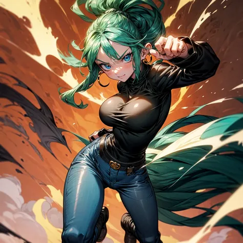 solo character, girl, full body version, (blue eyes), green hair, long curly hairstyle, ponytail, black t-shirt, long jeans, whi...