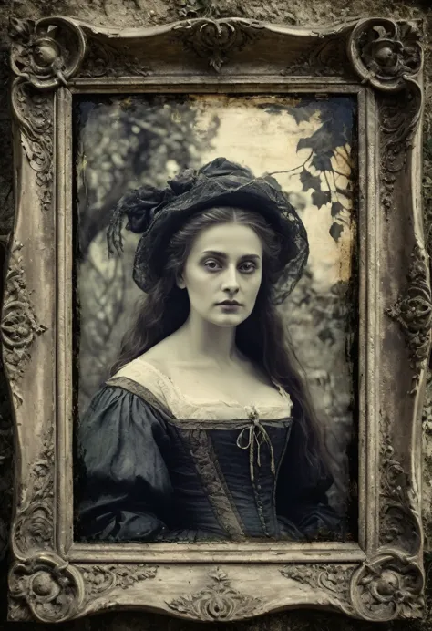 traditional, antique frame, old picture, classic, dated period, oil paint, witch, dead garden, lady, desaturated image, horror t...