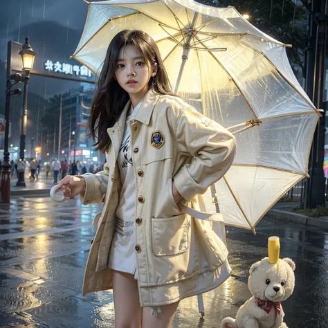 A  wear teddy bear clothes in a white jacket holds a yellow umbrella while rain falls around it, 8k details quality 