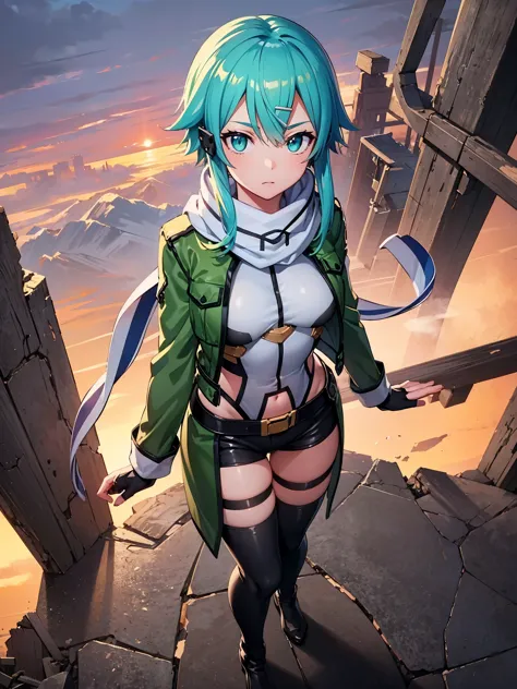 (masterpiece), best quality, expressive eyes, perfect face, highres, sinon1, scarf, fingerless gloves, long sleeves, short short...