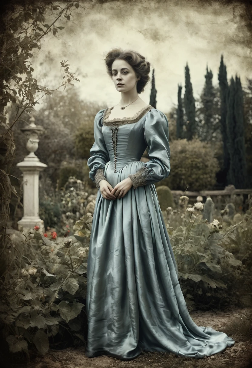 old picture of a women lady in a silk dress, with a dead garden background, classic horror, desaturated, oil paint, renaissance period