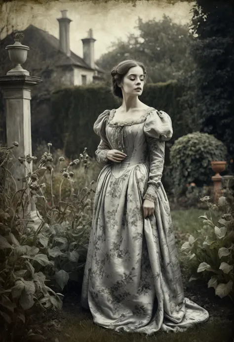 old picture of a women lady in a silk dress, with a dead garden background, classic horror, desaturated, oil paint, renaissance ...