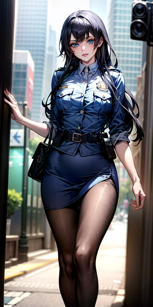 Ridiculous resolution, high resolution, (masterpiece:1.4), Extremely detailed, 1 Girl,blue eyes, Black long hair，Please wear police uniform and short skirt, White handbags、Pantyhose、City Streets,Sexy pose, The camera is close to your body