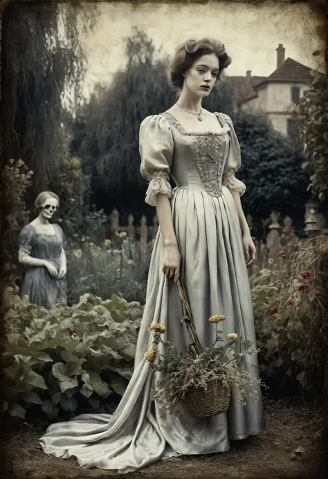 old picture of a women lady in a silk dress, with a dead garden background, classic horror, desaturated, oil paint, renaissance ...