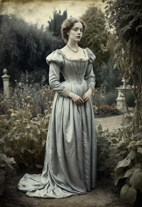 old picture of a women lady in a silk dress, with a dead garden background, classic horror, desaturated, oil paint, renaissance ...