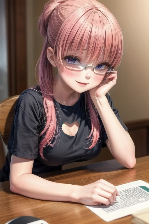 (Tabletop:1.0), (highest quality:1.4), (High resolution:1.2), From the side,Sharp contours,  boyish, highest quality, masterpiece,Glasses,Voice of the Heart,20-year-old woman,yandere,Big Breasts,Chest to chest,Lying face down,Upper Body,Ecstasy,blush,Squint your eyes,Tuck up your clothes,lure, 