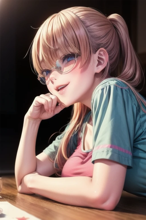 (Tabletop:1.0), (highest quality:1.4), (High resolution:1.2), From the side,Sharp contours,  boyish, highest quality, masterpiece,Glasses,Voice of the Heart,20-year-old woman,yandere,Big Breasts,Chest to chest,Lying face down,Upper Body,Ecstasy,blush,Squint your eyes,Tuck up your clothes,lure, 