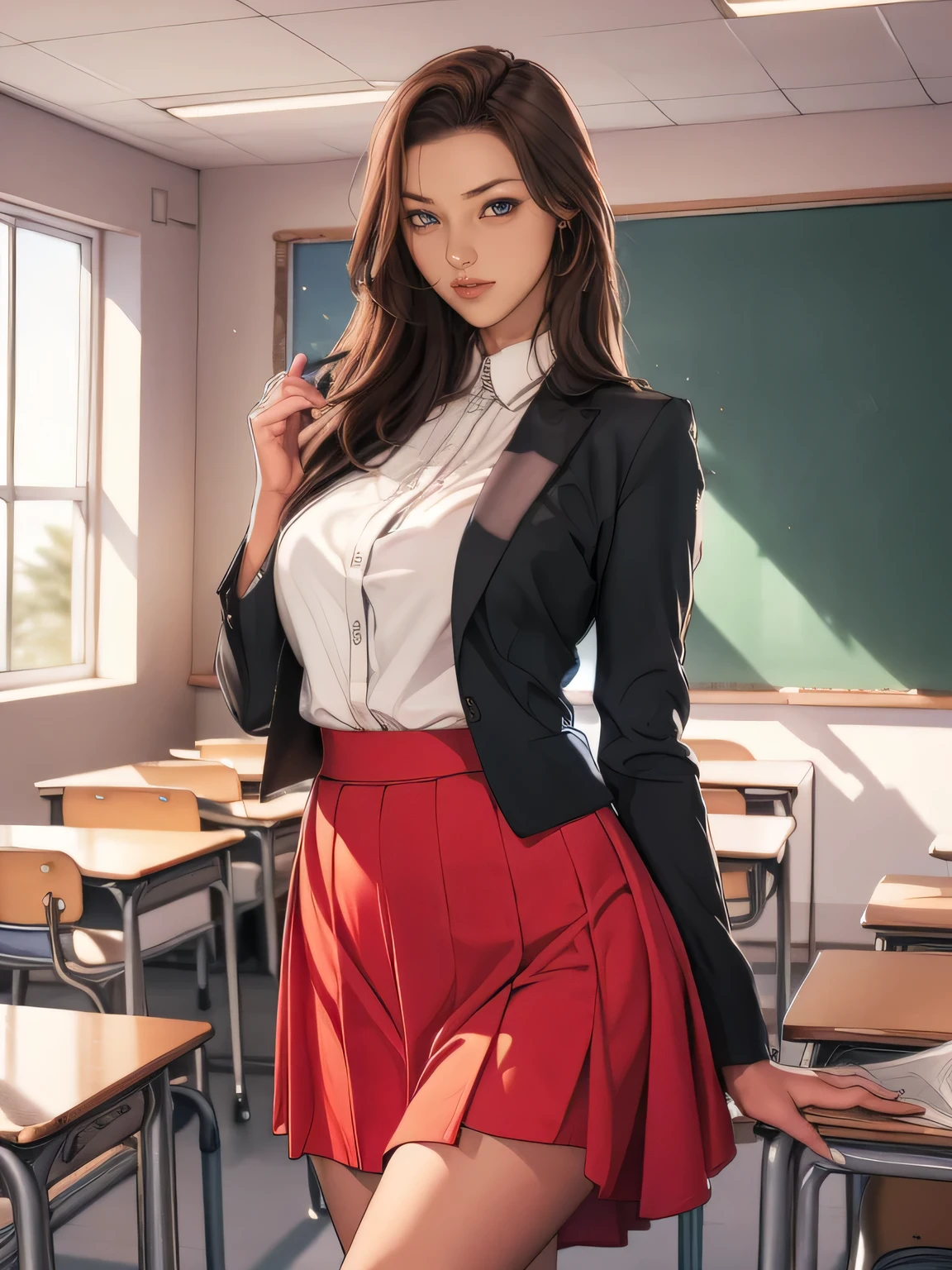 (8k,Photorealistic, masutepiece, Best Quality, Raw photo:1.3)、1woman in, 25years old,Solo,teacher, Long hair, Brown hair, Detailed beautiful face, alluring face, (Detailed beautiful brown eyes:1.2), medium breasts,(loose suit, sheer Skirt :1.35), ( Perfect body skinny beauty: 1.4),( temptation Pose:1.3), (Looking at Viewer, front view,eyes focus:1.2), Detailed background, (sunset:1.2), classroom,fine detailed, intricate detailes,  Ray tracing, depth of fields, seductive smile,classroom,