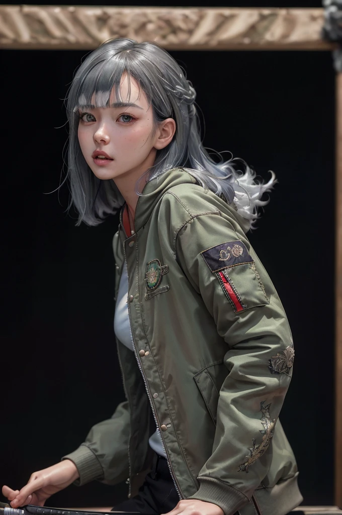 (masterpiece:1.2), (photorealistic:1.2), (best quality),((realistic:1.3)), (detailed skin:1.3), (intricate details), Half body shot in a dynamic, action pose. Cool, beautiful, youthful and sexy 20 year old woman wearing an army green bomber jacket holding a katana high, her head tilted slightly upwards, hair is graying white in a bob cut, midrib exposed. Cinematic composition. Jacket with cool embroidery from western pop culture.