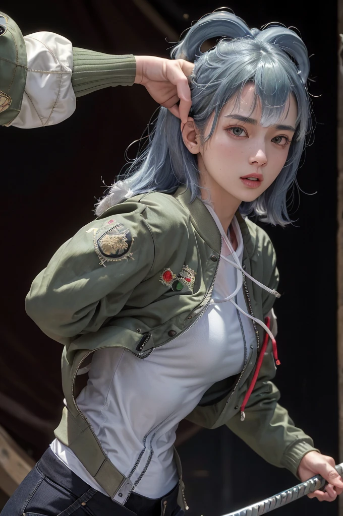 (masterpiece:1.2), (photorealistic:1.2), (best quality),((realistic:1.3)), (detailed skin:1.3), (intricate details), Half body shot in a dynamic, action pose. Cool, beautiful, youthful and sexy 20 year old woman wearing an army green bomber jacket holding a katana high, her head tilted slightly upwards, hair is graying white in a bob cut, midrib exposed. Cinematic composition. Jacket with cool embroidery from western pop culture.