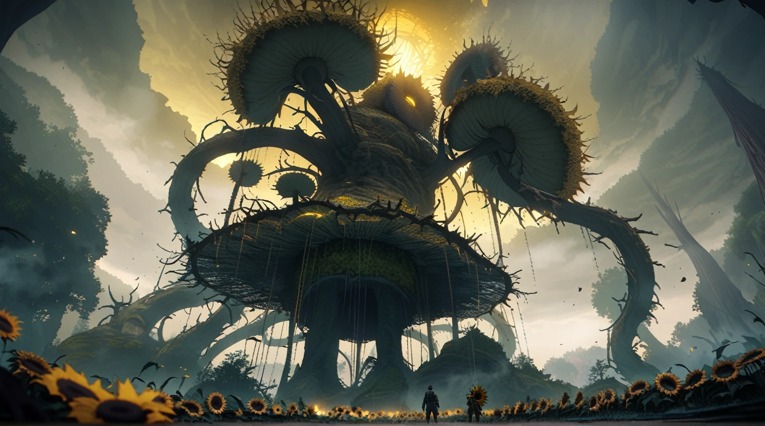  anime scenery, anime aestetics, huge sunflower, rotten sunflower, scadu tree avatar, 5 glowing light orange seeds, spiky stem, old flower, toxic swamp, toxic yellow fog, gigantic tree on the background, thickets over the swamp, dim light, elden ring, boss figt, epic scenery, from below, wide shot, atmospheric perspective, perspective, pov, 8k, highres, best quality, award winning, super detail, masterpiece