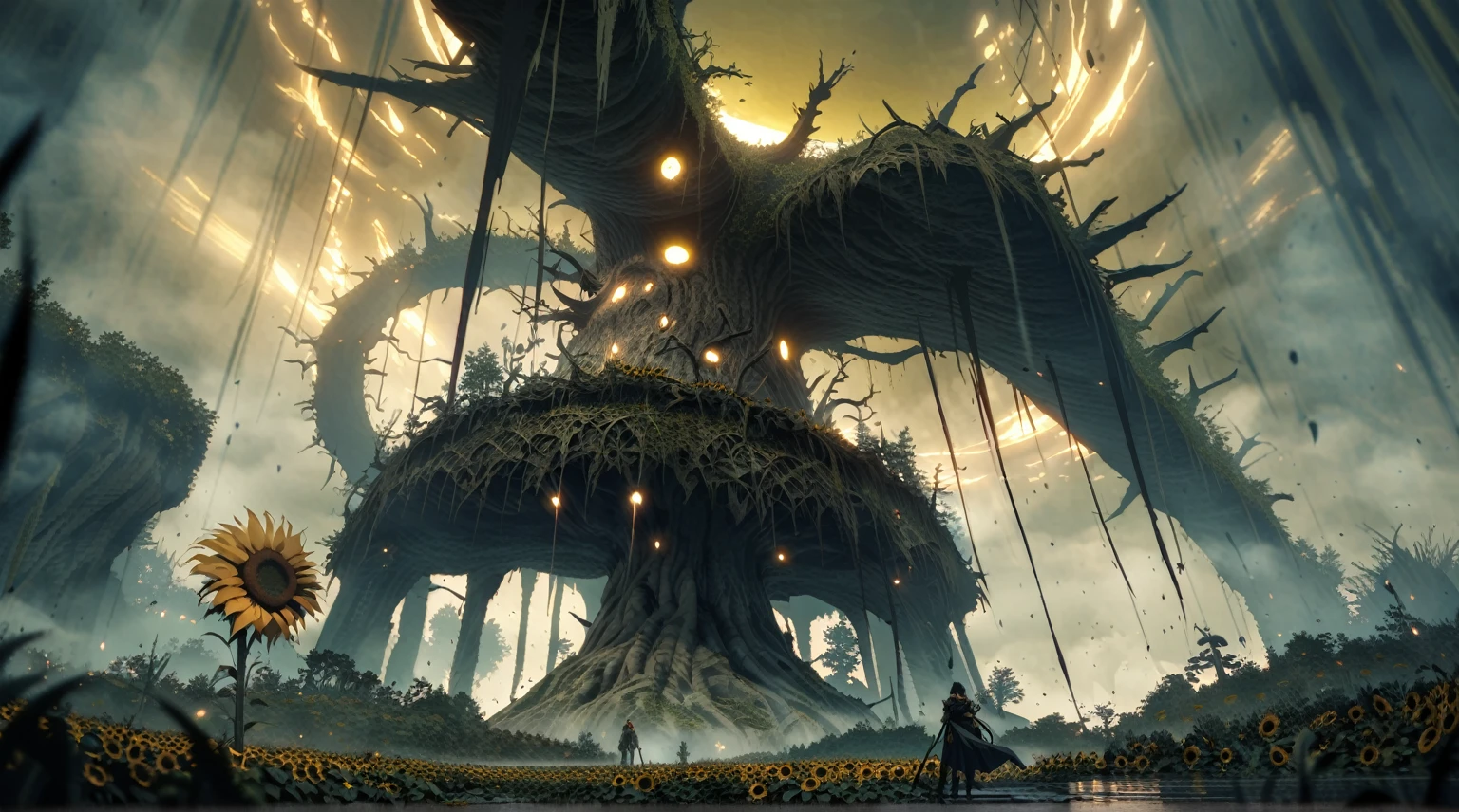  anime scenery, anime aestetics, huge sunflower, rotten sunflower, scadu tree avatar, 5 glowing light orange seeds, spiky stem, old flower, toxic swamp, toxic yellow fog, gigantic tree on the background, thickets over the swamp, dim light, elden ring, boss figt, epic scenery, from below, wide shot, atmospheric perspective, perspective, pov, 8k, highres, best quality, award winning, super detail, masterpiece