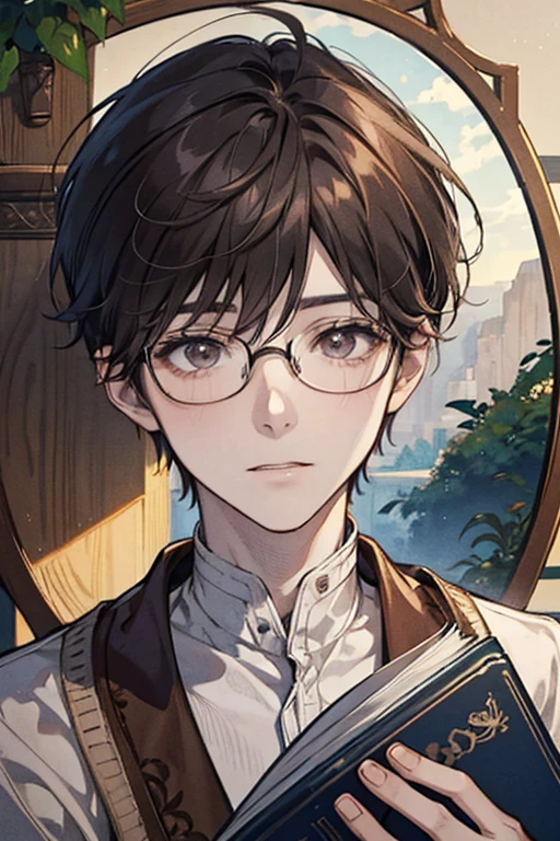 potrait of a boy, mocha brown hair, messy short hair, messy bangs, hazel brown eyes, peachy skin, doe eyes, pale blue sweater, slim body, innocent look, small smile, teenage boy, round glasses, nerdy, reading a book, looking at you, forest background, masterpiece, exquisitely detailed, modern