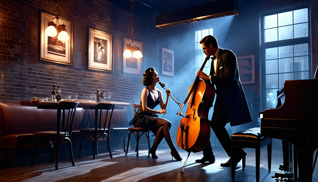 Interior of a very smoky vintage Parisian jazz club at night, The soft light of the pendant light、A man playing the cello and a seductive woman playing the piano。, Brick wall decorated with rhythmic shadow playing, A tranquil and enchanting atmosphere, 3D Rendering, To create a realistic yet fantastical scene、Diner scene with detailed textures and lighting, film noir jazz bar, drawn in a neo - noir style, neo - noir style, Neo-Noir Setting, neo noir style, inspired by f.. scott hess, Thomas Dalziel, film noir realistic, inspired by f. scott hess CFGスケール