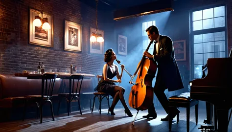 interior of a very smoky vintage parisian jazz club at night, the soft light of the pendant light、a man playing the cello and a ...