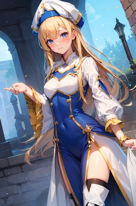 upper body,priestess, blonde hair, blue eyes, long hair, hair between eyes,(blush,embarrassed),
boots, dress, frilled sleeves, f...