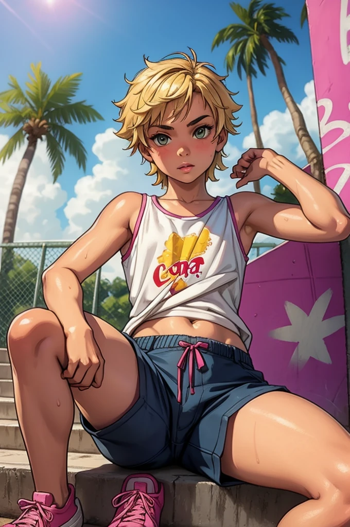 12-year-old girl with short wavy blonde hair, hazel eyes, flat chest, wearing a white tank top with a colorful print, hazel Bermuda shorts, posing sitting on a staircase with graffiti, upper body, concrete staircase background with graffiti in a skate park, palm trees, depth on field, Dutch angle, afternoon light, evening, sunset, los angles, six pack