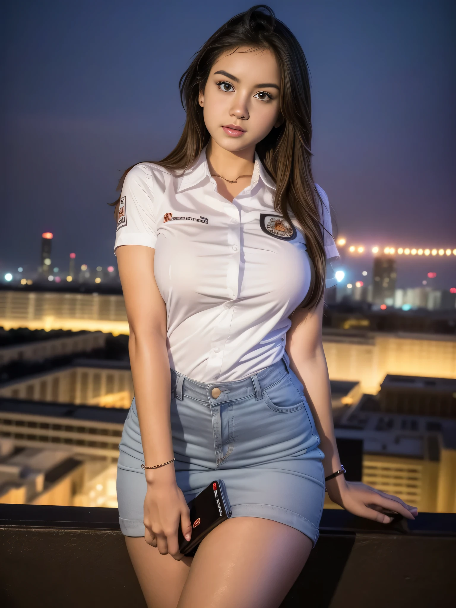 1girl, (uniform), standing, outdoors, night view, detailed Metropolitan city at the background, detailed face, detailed eyes, big breasts, smooth realistic skin, semi-curvy body, white shirt, grey blue miniskirt, looking at the audience, (8k, RAW photo, best quality, masterpiece: 1.2), (realistic, realistic: 1.37), ultra-high resolution