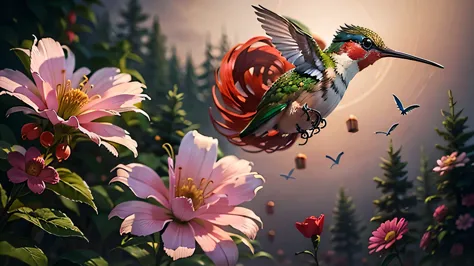 hummingbird flying around a japanese flower "higanbana", in the background there is a dark and sinister forest, and a red moon i...