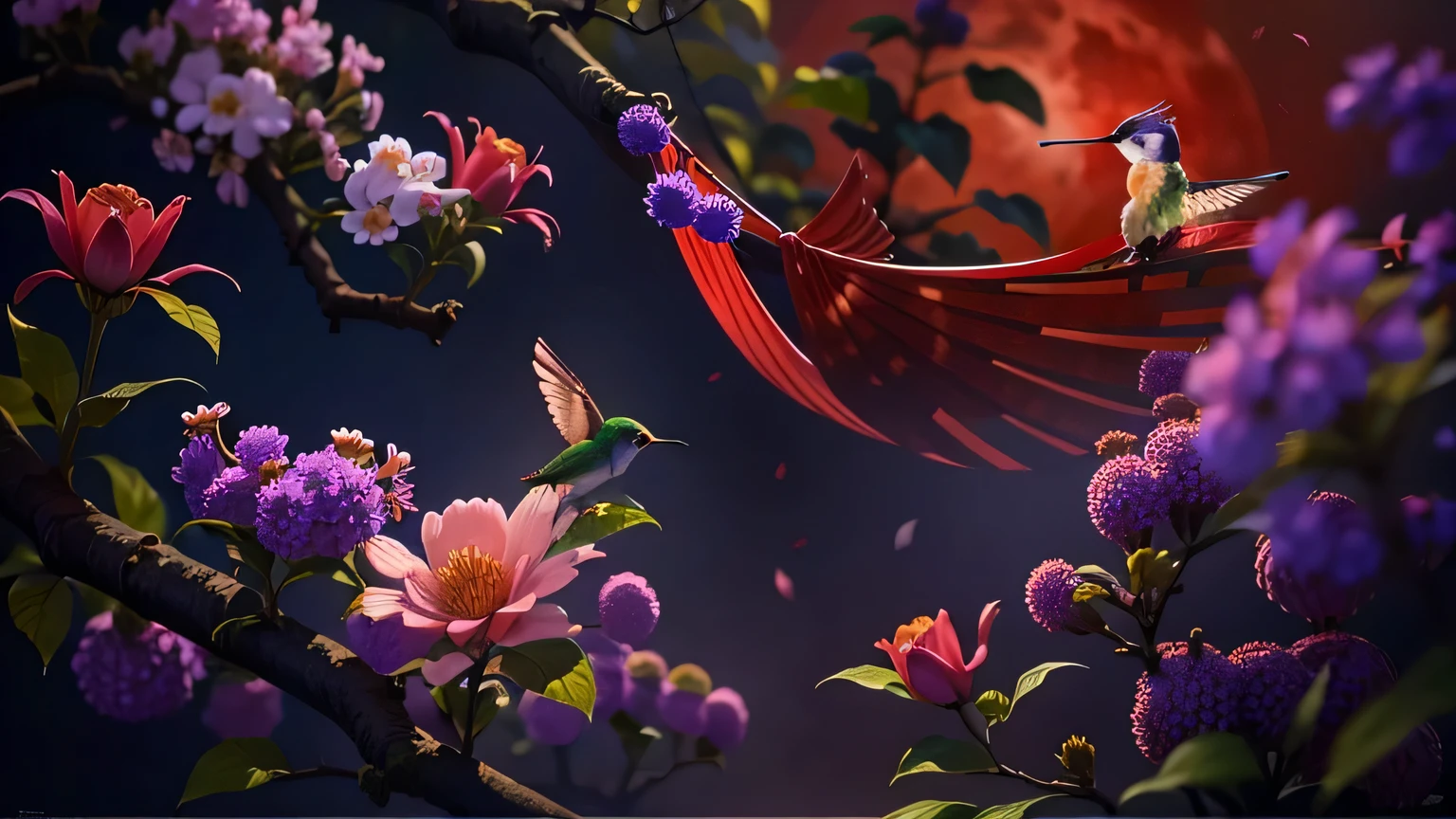 hummingbird flying around a japanese flower "higanbana", in the background there is a dark and sinister forest, and a red moon illuminating the scene, photorealistic style, high definition, 8k