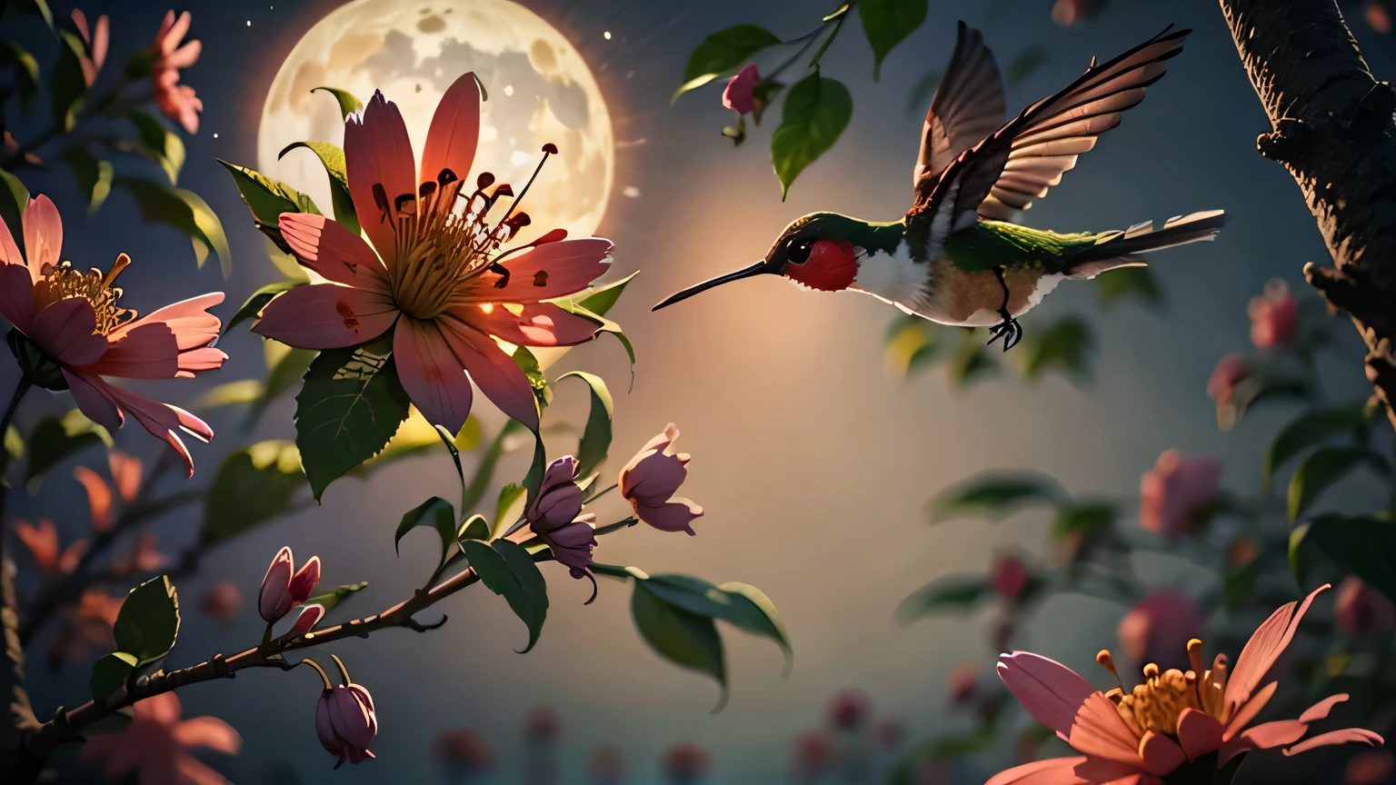 hummingbird flying around a japanese flower "higanbana", in the background there is a dark and sinister forest, and a red moon illuminating the scene, photorealistic style, high definition, 8k