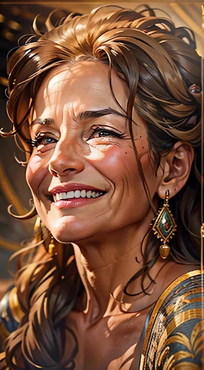 A gracefully aging philanthropic leader, her porcelain skin contrasting with earthy brown waves of hair. Renowned for her unwavering dedication to improving the lives of those around her, she is honored and celebrated by all. This striking portrait captures her essence in a breathtaking painting, showcasing the warmth in her eyes and the kindness in her smile. Every intricate detail, from the subtle laugh lines to the golden light illuminating her profile, radiates a sense of timeless elegance and unwavering strength. The image invites viewers to admire the beauty of compassion and resilience embodied in this remarkable woman.