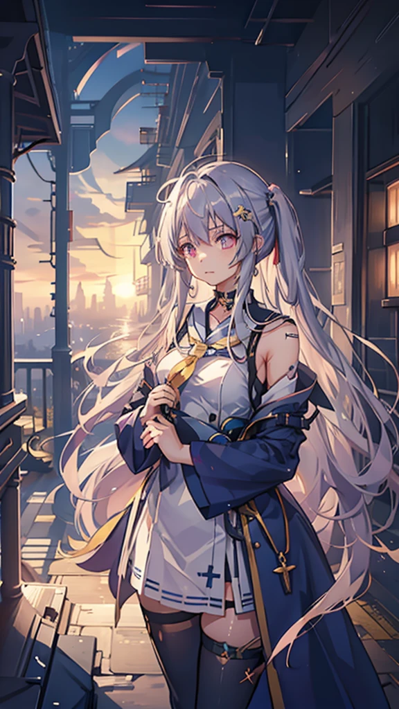 1girl, Akatsukaze Kokoro, known as the Starlight Sentinel, is a young woman with an unyielding spirit and an unwavering commitment to justice. Clad in a striking blue and gold outfit, she patrols the city's rooftops with her trusty sword at her side. Her piercing gaze seems to bore into the soul of anyone who dares to cross her path. With the morning dew settling on her silver hair, she embodies the essence of dawn's promise and unwavering determination.
Prompt: