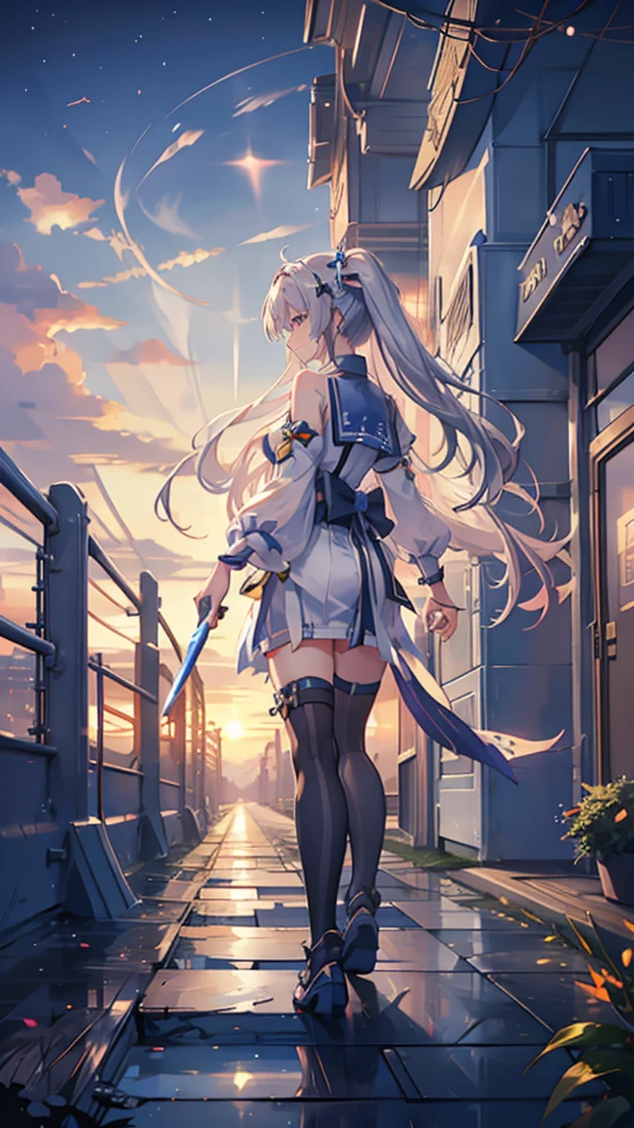 1girl, Akatsukaze Kokoro, known as the Starlight Sentinel, is a young woman with an unyielding spirit and an unwavering commitment to justice. Clad in a striking blue and gold outfit, she patrols the city's rooftops with her trusty sword at her side. Her piercing gaze seems to bore into the soul of anyone who dares to cross her path. With the morning dew settling on her silver hair, she embodies the essence of dawn's promise and unwavering determination.
Prompt: