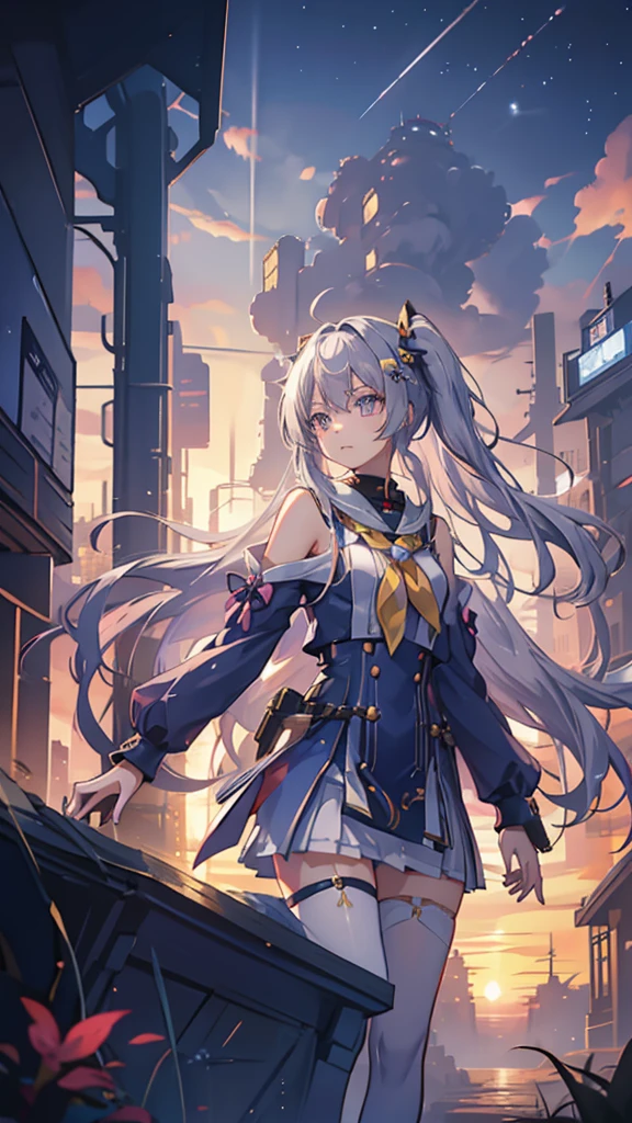 1girl, Akatsukaze Kokoro, known as the Starlight Sentinel, is a young woman with an unyielding spirit and an unwavering commitment to justice. Clad in a striking blue and gold outfit, she patrols the city's rooftops with her trusty sword at her side. Her piercing gaze seems to bore into the soul of anyone who dares to cross her path. With the morning dew settling on her silver hair, she embodies the essence of dawn's promise and unwavering determination.
Prompt: