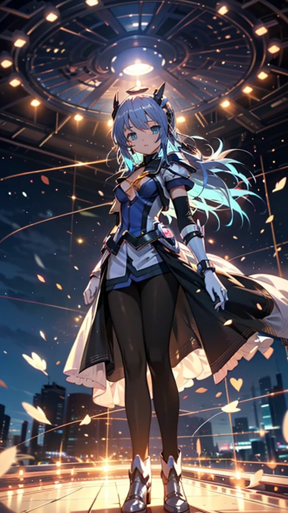 Highest quality，symphony_sugar,Light blue hair,Dark blue eyes,hair ornaments,Long Hair,White Long_Gloves,Light blue short dress,Black Pantyhose,High heels, ,Show me your boots，Gloves，elegant, 1 girl, cute, Blushed, Looking at the audience, From below, prison，Beautiful Eyes, Beautiful background, Particles of light, Light of the sun, Dramatic lighting, outside, Shiny, Realistic, Highest quality, Very detailed, Get used to it, scenery, Beautiful and detailed, Thin Hair，Full Body Shot，