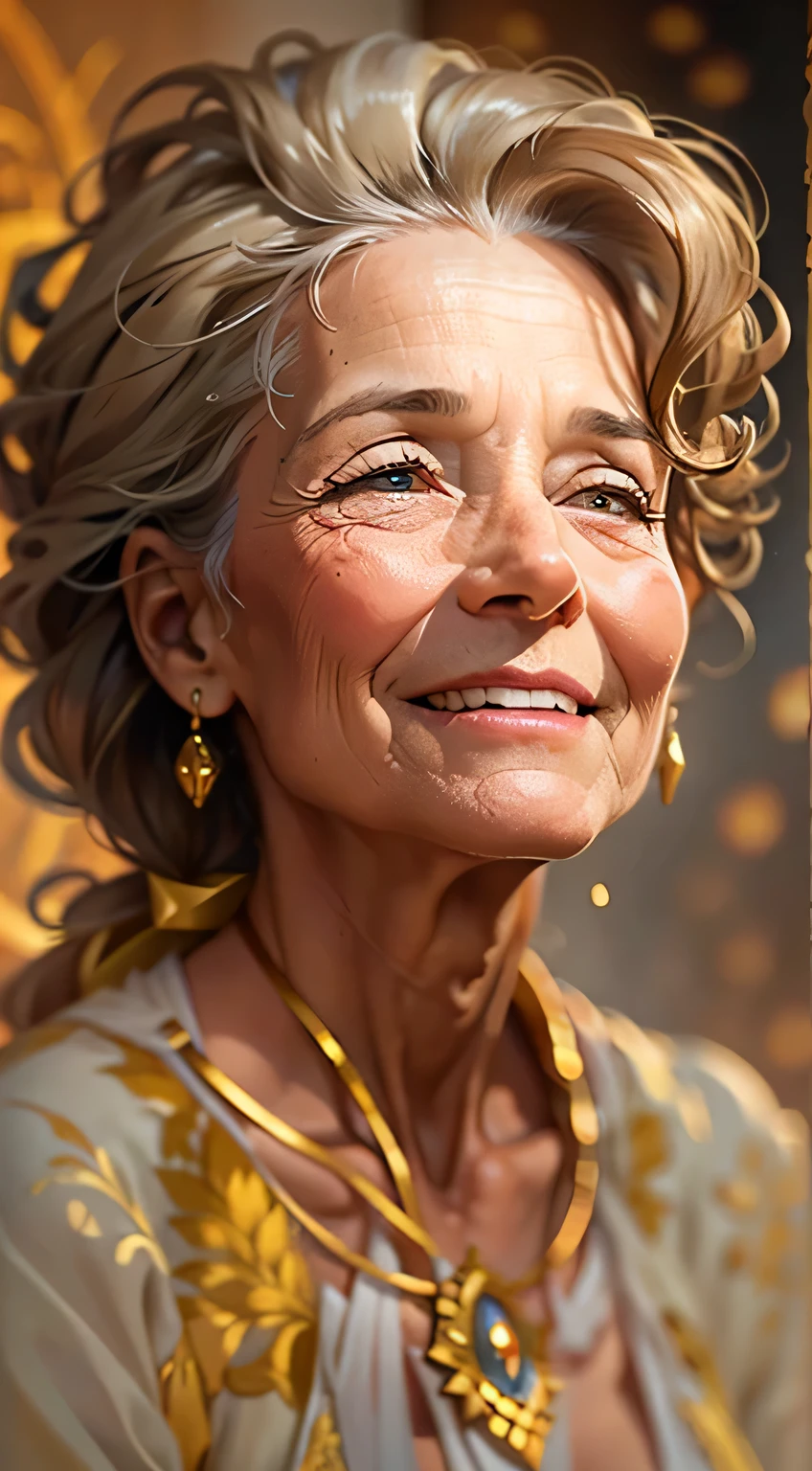 A gracefully aging philanthropic leader, her porcelain skin contrasting with earthy brown waves of hair. Renowned for her unwavering dedication to improving the lives of those around her, she is honored and celebrated by all. This striking portrait captures her essence in a breathtaking painting, showcasing the warmth in her eyes and the kindness in her smile. Every intricate detail, from the subtle laugh lines to the golden light illuminating her profile, radiates a sense of timeless elegance and unwavering strength. The image invites viewers to admire the beauty of compassion and resilience embodied in this remarkable woman.