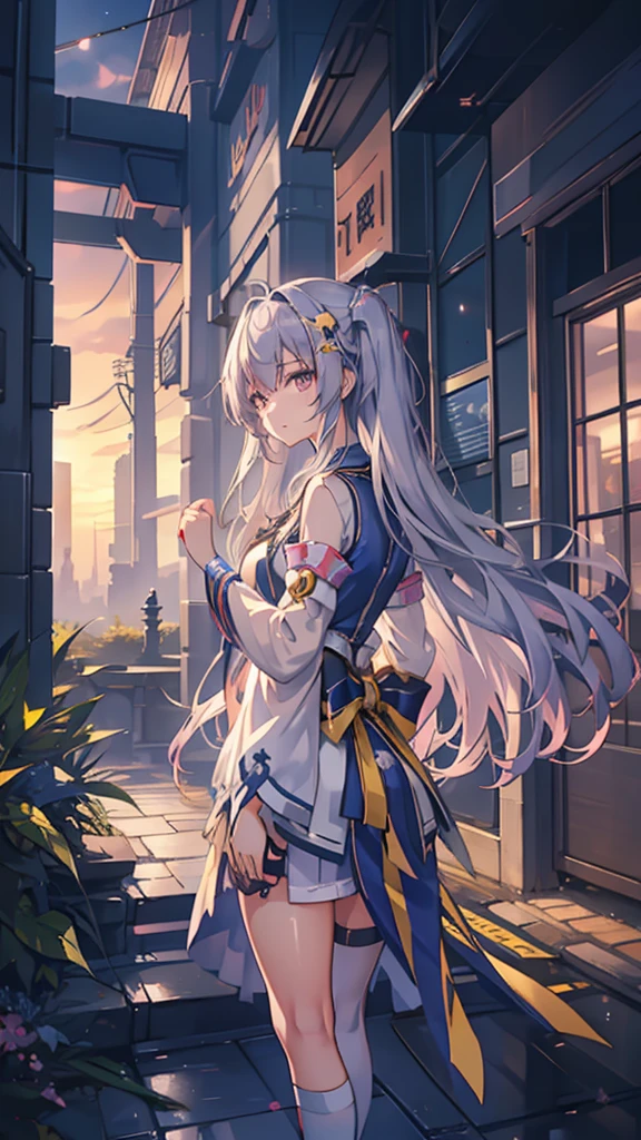 1girl, Akatsukaze Kokoro, known as the Starlight Sentinel, is a young woman with an unyielding spirit and an unwavering commitment to justice. Clad in a striking blue and gold outfit, she patrols the city's rooftops with her trusty sword at her side. Her piercing gaze seems to bore into the soul of anyone who dares to cross her path. With the morning dew settling on her silver hair, she embodies the essence of dawn's promise and unwavering determination.
Prompt: