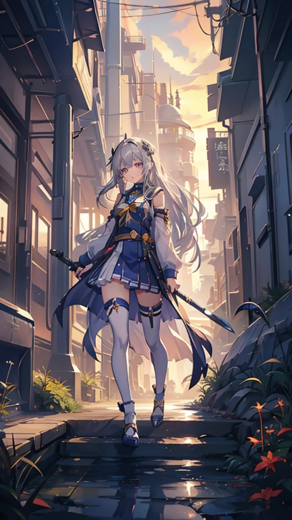 1girl, Akatsukaze Kokoro, known as the Starlight Sentinel, is a young woman with an unyielding spirit and an unwavering commitment to justice. Clad in a striking blue and gold outfit, she patrols the city's rooftops with her trusty sword at her side. Her piercing gaze seems to bore into the soul of anyone who dares to cross her path. With the morning dew settling on her silver hair, she embodies the essence of dawn's promise and unwavering determination.
Prompt: