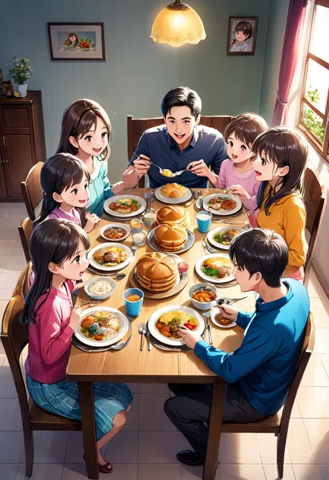 a sweet family with father, mother and 2 small brother and 4 sisters on a dining table eating food together