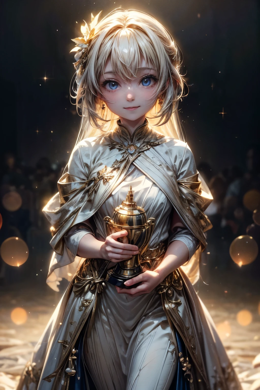 masterpiece, best quality, extremely detailed CG unity 8k wallpaper, Award winning. The scene of receiving a gold trophy. smile, bokeh photography, (soft focus):1.2, out-of-focus highlights, dreamy ambiance, glowing circles, mesmerizing depth