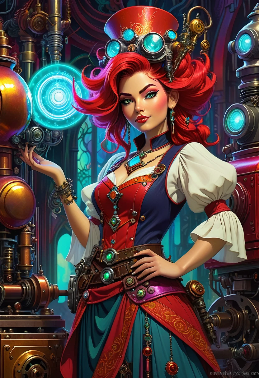 A high quality artistic rendition of "Ava Red, the Wizard of Magical Colors," a mechanical priestess, and Honky Tonk Girl, fantasy, steampunk, magical, vibrant colors, detailed character design, mystical, whimsical, character art, intricate details, digital painting, imaginative, creative concept, medium shot.