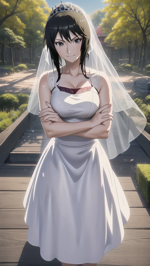 Meisterwerk, beste Qualität, shizune, Betrachter betrachten, Wald, ernst, Cowboy-Schuss, verschränkte Arme, 1 Mädchen, Anime-Stil, Allein, Hochzeitskleid, weißes Kleid, Satin, Spitze, Ballkleid St, perfektes Gesicht, perfekte Hände , ausführlich, veil, Tiara, hd, 8k, (Meisterwerk), beste Qualität, ausdrucksstarke Augen, perfektes Gesicht, gute Hände, besten Hände, lächelnd, Anime-Bildschirmfoto, leuchtende Farben, ausgewogene Beleuchtung, Blumenstrauß halten, Niedlich, Schön