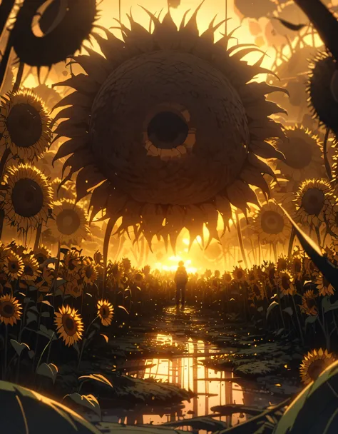 anime scenery, anime aestetics, huge sunflower, rotten sunflower, old farmfield, flies in the air, sad atmosphere, glowing light...