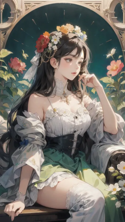 There is a woman in a dress with flowers on her head, Detailed painting by Jan J., Pixiv, Gothic art, Exquisite digital illustra...