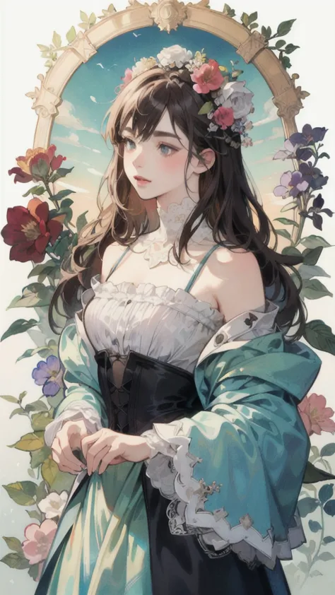 there is a woman in a dress with flowers on her head, detailed painting by jan j., pixiv, gothic art, exquisite digital illustra...