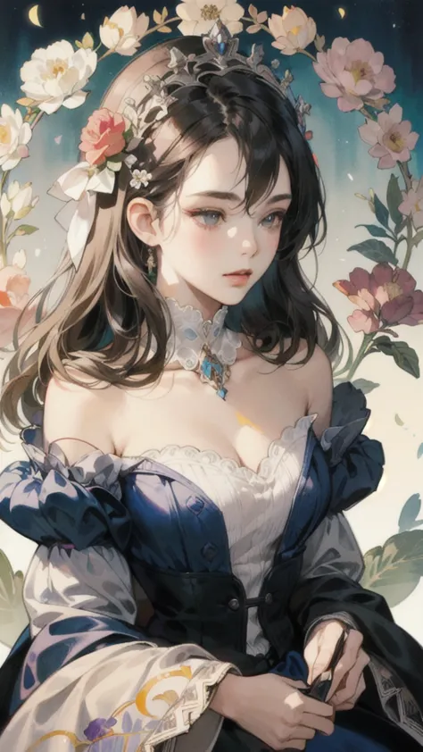 there is a woman in a dress with flowers on her head, detailed painting by jan j., pixiv, gothic art, exquisite digital illustra...