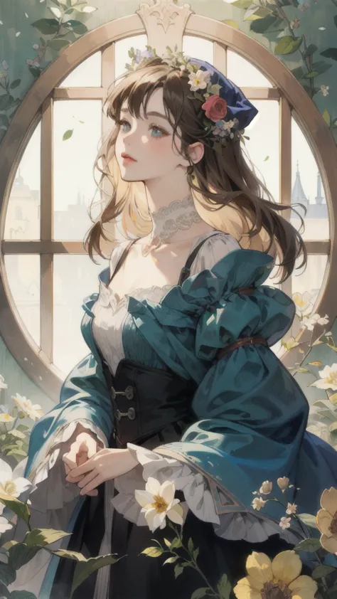 there is a woman in a dress with flowers on her head, detailed painting by jan j., pixiv, gothic art, exquisite digital illustra...