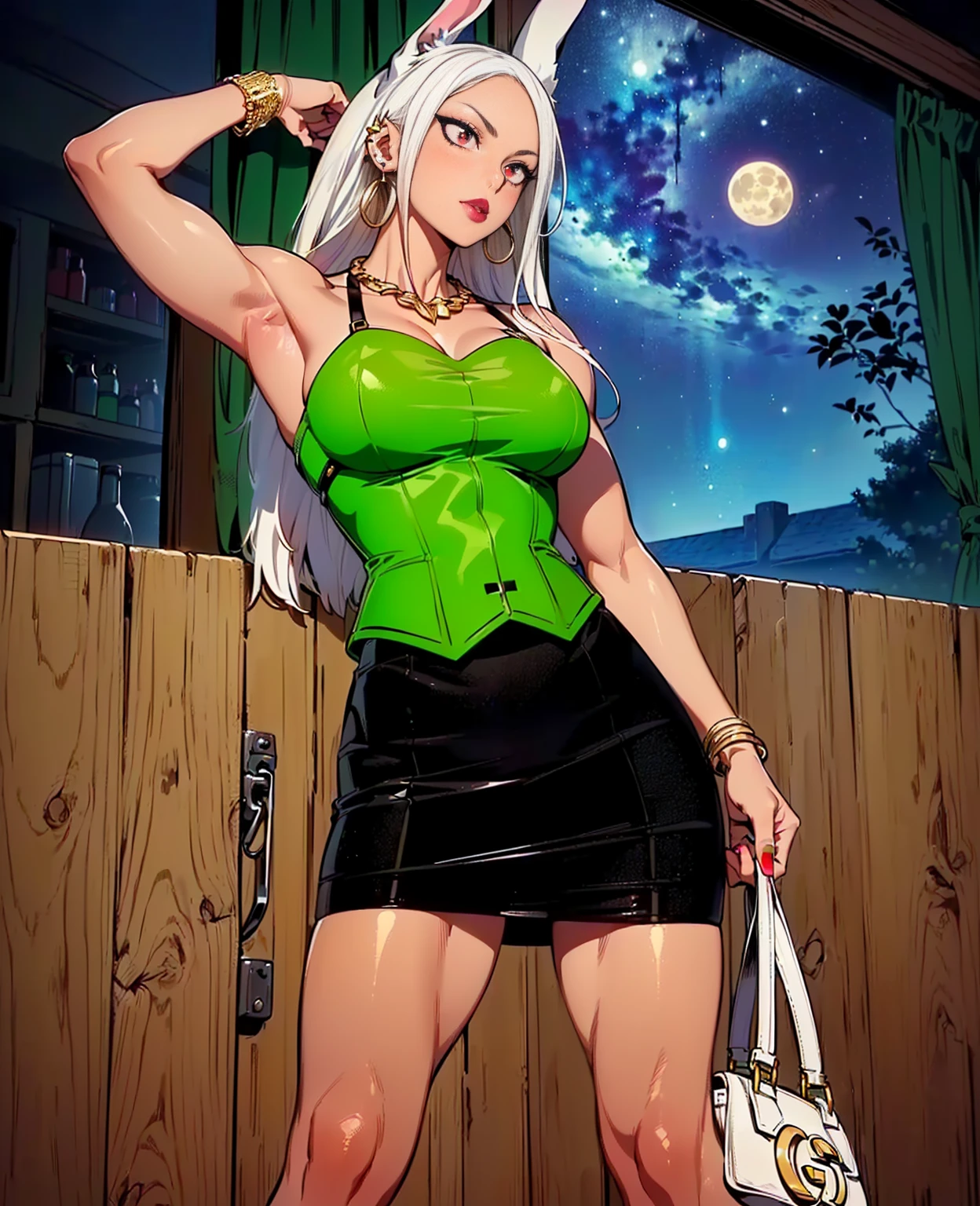 (((1girl, solo, mirko, mirkomha, boku no hero academia, (white hair, red eyes, long hair, rabbit ears, dark skin), lipstick, gold earrings, muscular, fitness)), sensual pose, Beautiful, bracelets, diamond necklace)), ((solo, 1woman, pink lipstick, Extremely detailed, ambient soft lighting, 4k, perfect eyes, a perfect face, perfect lighting, a 1girl)), austere, ((fitness,, shapely body, athletic body, toned body)), (( green corset, black skirt, lace skirt, holding a Gucci bag, dark room, night, full moon, window, garden, milky way, bracelets, gold necklace ))