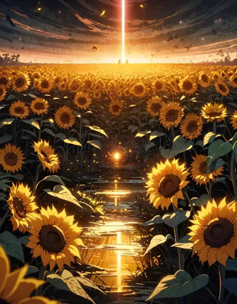 anime scenery, anime aestetics, huge sunflower, rotten sunflower, old farmfield, flies in the air, sad atmosphere, glowing light...