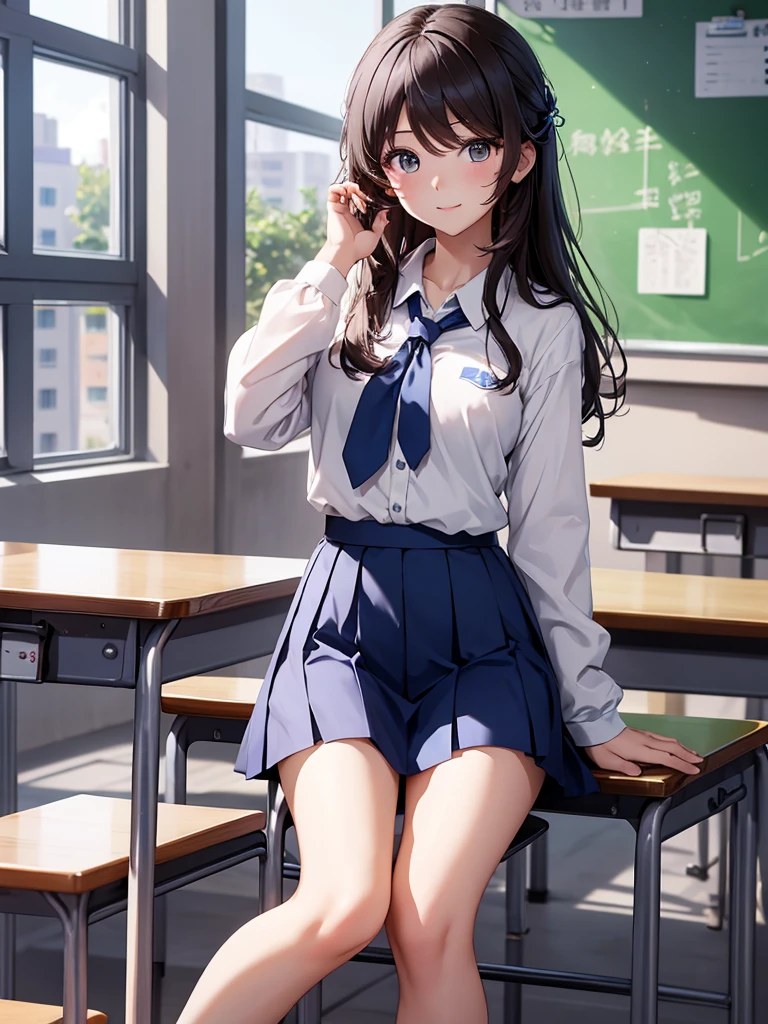 (Hu tao), 1girl, as a highschool girl, wearing a  with white shirt and blue skirt, at a classroom, 8k, high detailed, high quality