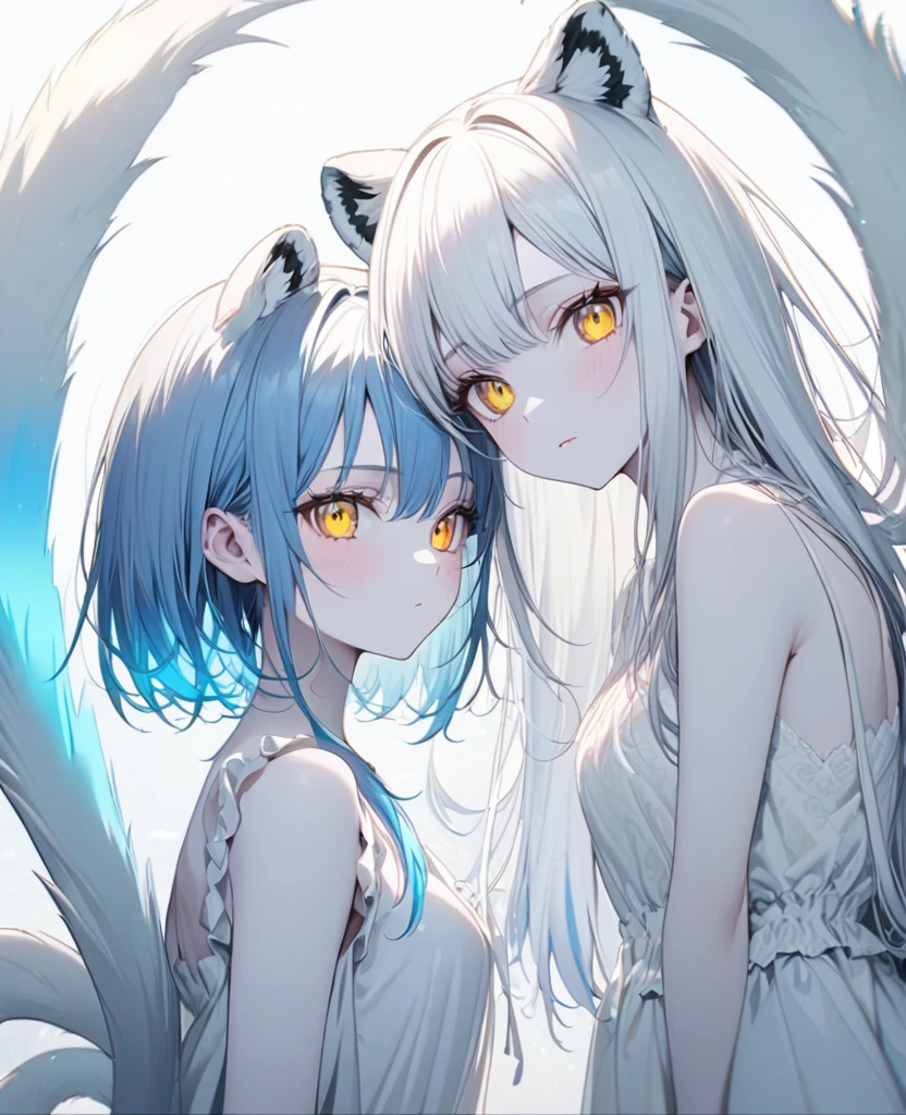 anime girl, white hair, yellow eyes, pale skin , fine and delicate features, loose hair, "white eyelashes", white dresses , , straight hair, , ultra detailed, high quality, vibrant colors, ,, Teen, medium breasts, image from head to waist. white tiger ears and tail, Phosphorescent blue hair tips.