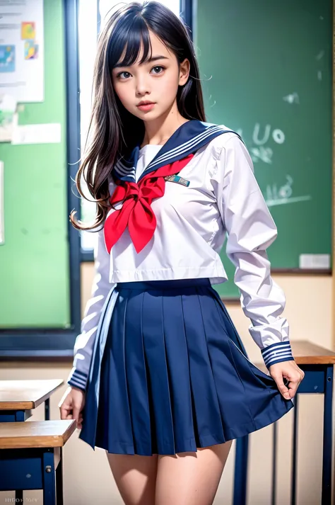 raw photo , 1 girl  ,wearing sailor uniform, (((ankle length skirt))), ((teen school girl lifting skirt in the classroom)) , pro...