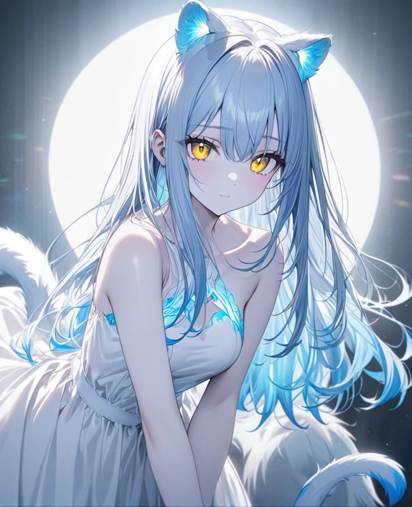 one anime girl, white hair, yellow eyes, pale skin , fine and delicate features, loose hair, "white eyelashes", white dresses , , straight hair, , ultra detailed, high quality, vibrant colors, ,, Teen, medium breasts, image from head to waist. white tiger ears and tail, Phosphorescent blue hair tips.